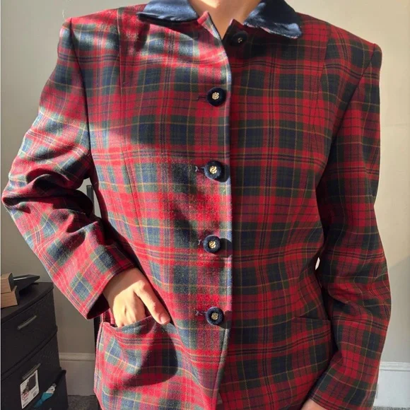 Vintage Pendleton Preppy Wool Plaid Red Blue Velvet Twee Jacket Medium - Large - Picture 9 of 13